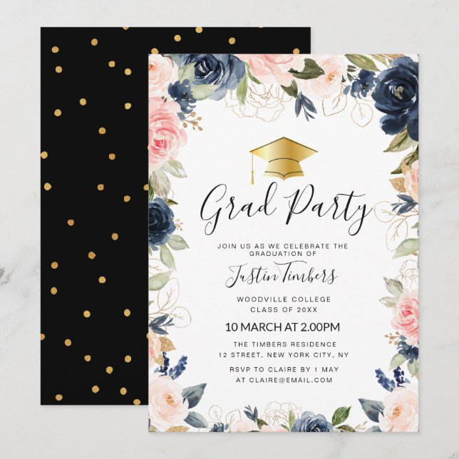 navy and blush floral grad party invitation (Front/Back)