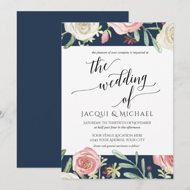 Navy and Blush Floral Ivory Wedding Roses Foliage Invitation (Front/Back)