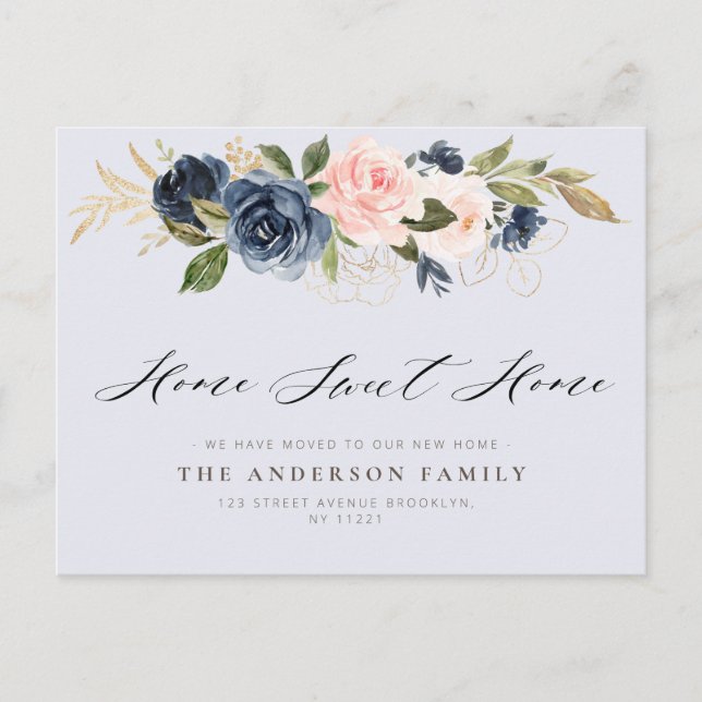 navy and blush floral moving new address postcard (Front)