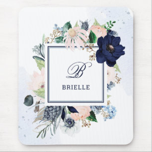 Navy and Blush Floral   Name and Monogram Mouse Mat