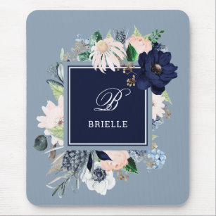 Navy and Blush Floral   Name and Monogram Mouse Mat
