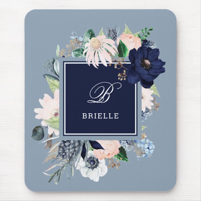 Navy and Blush Floral | Name and Monogram Mouse Mat (Front)