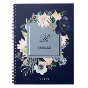 Navy and Blush Floral Name and Monogram Notebook