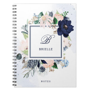 Navy and Blush Floral   Name and Monogram Notebook