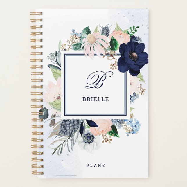 Navy and Blush Floral | Name and Monogram Planner (Front)