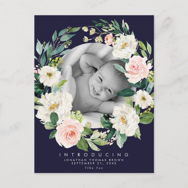 navy and blush floral new baby photo postcard (Front)
