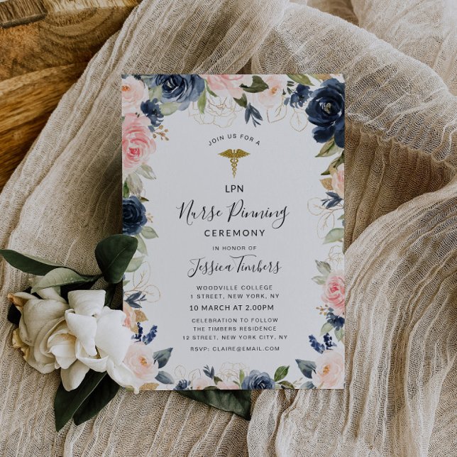 navy and blush floral nurse pinning ceremony invitation (Creator Uploaded)
