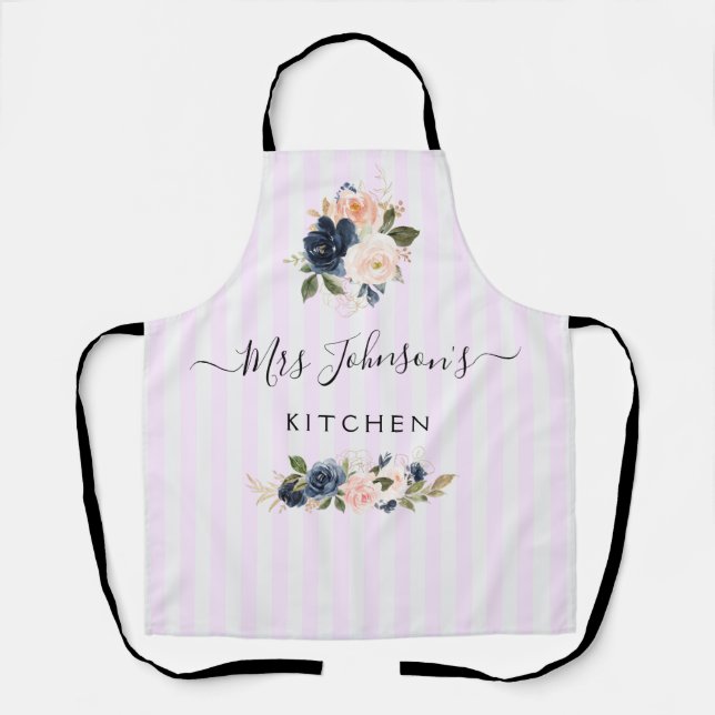 navy and blush floral personalised text Apron (Front)