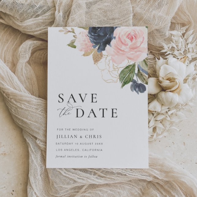 navy and blush floral save the date card (Creator Uploaded)