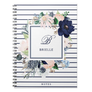 Navy and Blush Floral Stripe   Name and Monogram Notebook