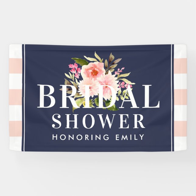 Navy and Blush Floral Wedding Bridal Shower Banner (Horizontal)