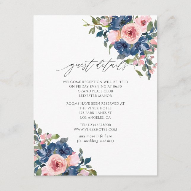 Navy and Blush Floral Wedding Guest Details Enclosure Card (Front)