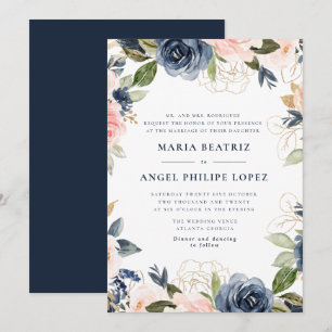 Navy and blush floral wedding invitation