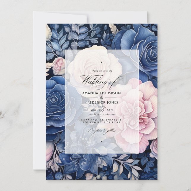 Navy and Blush Floral Wedding Invitation (Front)