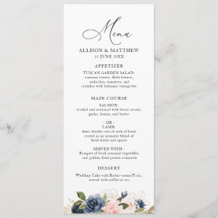 Navy and blush floral wedding menu