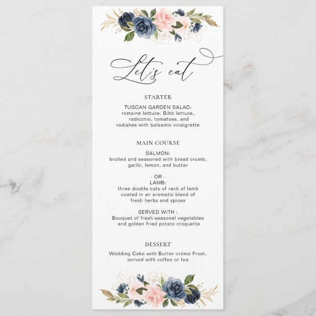 navy and blush floral wedding  menu (Front)