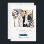 Navy and Blush Floral Wedding Photo Collage Thank You Card<br><div class="desc">Trendy blush pink and navy blue floral wedding thank you cards with gold frame customisable to your event specifics. Square shaped photos are recommended.</div>