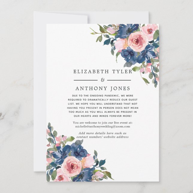 Navy and Blush Floral Wedding Reduced Guest List Announcement (Front)