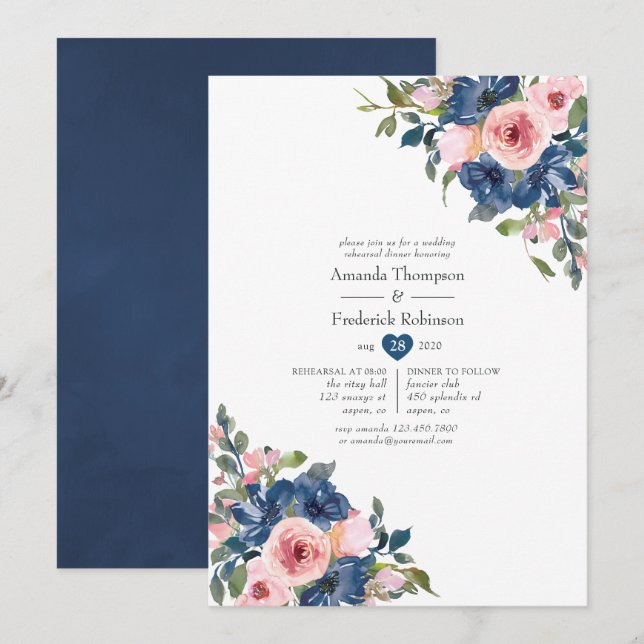 Navy and Blush Floral Wedding Rehearsal Dinner Invitation (Front/Back)