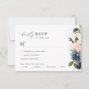 navy and blush floral wedding RSVP card