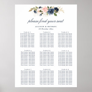 navy and blush floral wedding seating chart