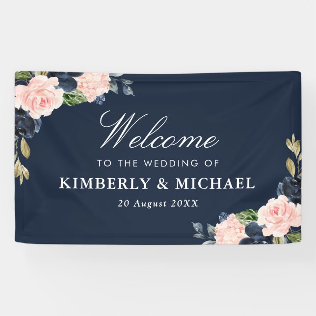 navy and blush floral welcome wedding banner (Horizontal)