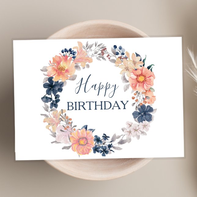 Navy and Blush Floral Wreath Happy Birthday Script Card (Creator Uploaded)