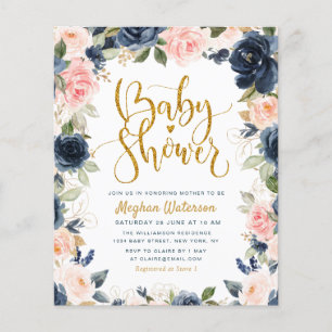 navy and blush flowers baby shower invitation