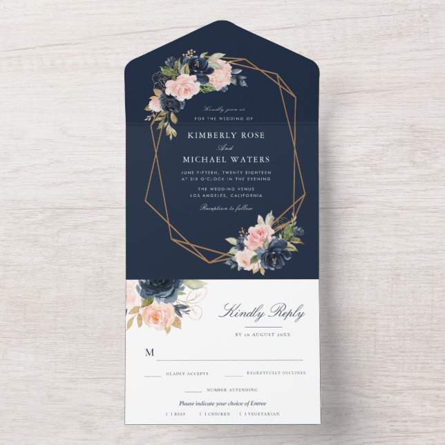 Navy and blush flowers geometric wedding all in one invitation (Inside)