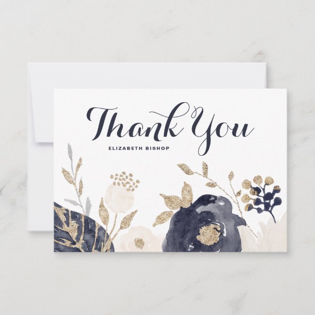 Navy and Blush Flowers Gold Foil Accents Thank You Card (Front)