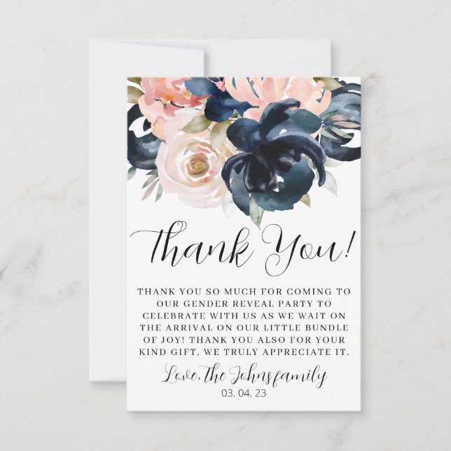 Navy and Blush gender reveal Thank you Card. (Front)
