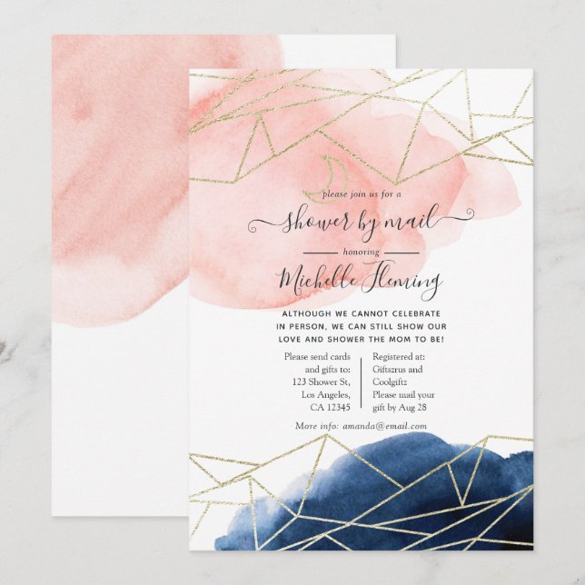 Navy and Blush Geometric Baby Shower by Mail Invitation (Front/Back)