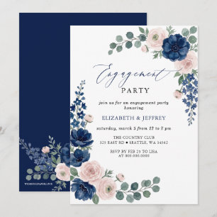 Navy and Blush Greenery Floral Engagement Party Invitation