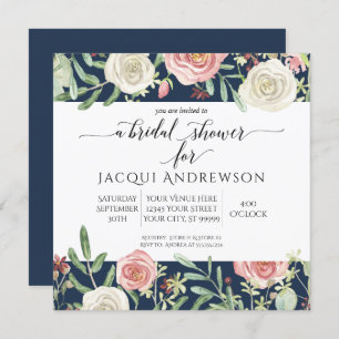 Navy and Blush Ivory Roses Floral Bridal Shower Invitation