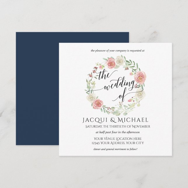 Navy and Blush Ivory Roses w Leaf Square Wedding Invitation (Front/Back)