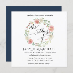 Navy and Blush Ivory Roses w Leaf Square Wedding Invitation