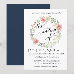 Navy and Blush Ivory Roses w Leaf Wreath Wedding Invitation