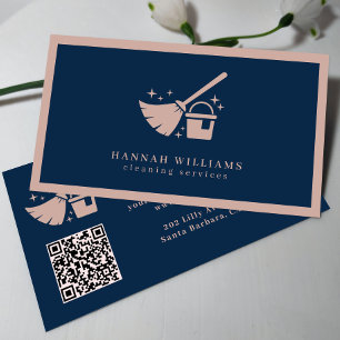 Navy And Blush Pink Cleaning Services QR code   Business Card