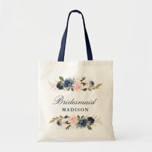Navy and blush pink floral bridesmaid tote bag