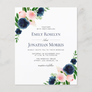 navy and blush pink floral wedding invitation