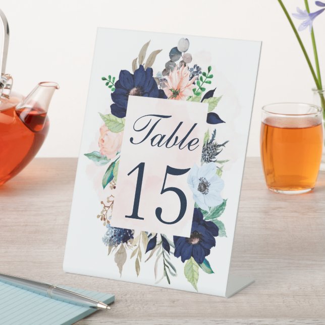 Navy and Blush Pink Floral Wedding Table Numbers Pedestal Sign (In SItu)