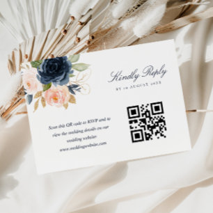 Navy and blush pink flower QR code RSVP card