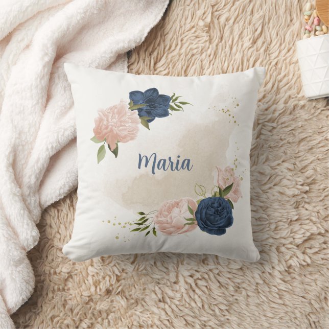 navy and blush pink flowers greenery cushion (Blanket)