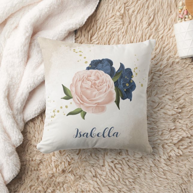 navy and blush pink flowers greenery cushion (Blanket)