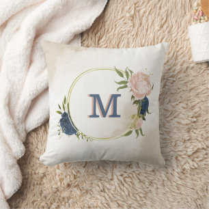 navy and blush pink flowers greenery cushion