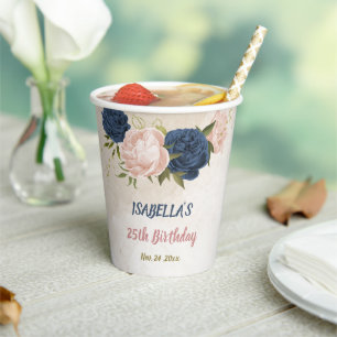 navy and blush pink flowers greenery paper cups