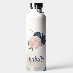navy and blush pink flowers greenery water bottle
