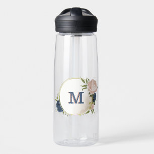 navy and blush pink flowers greenery water bottle