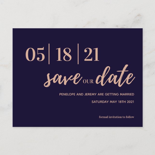 navy and blush pink modern script save the date postcard (Front)