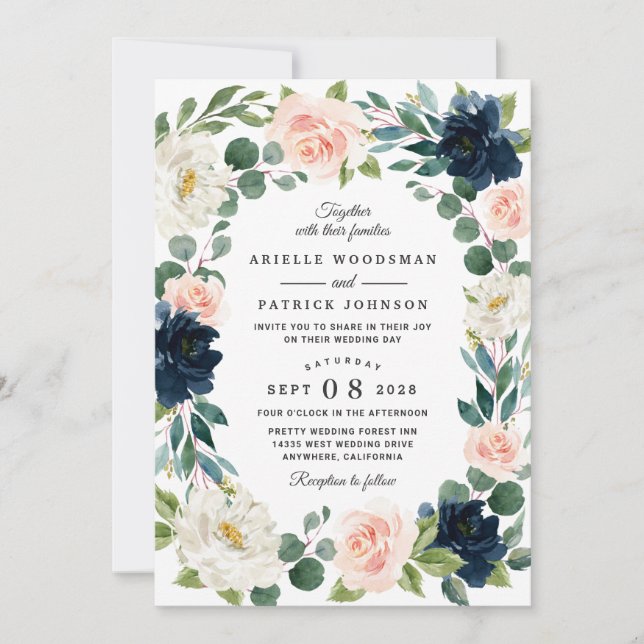 Navy and Blush Pink Watercolor Wedding Invitations (Front)